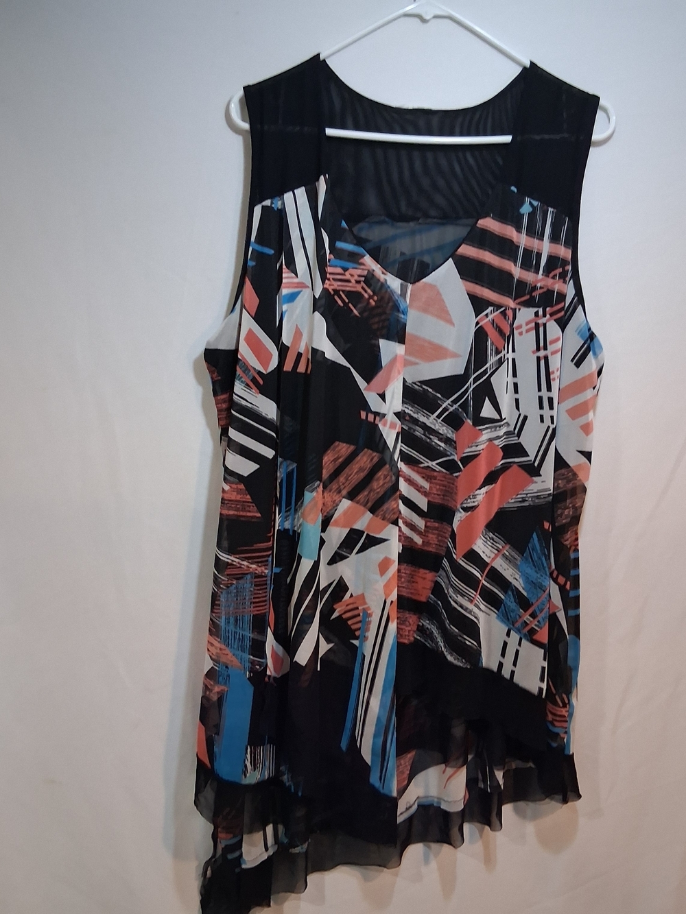 Abstract Print Layered Chiffon Camisole - Black with Coral & Blue